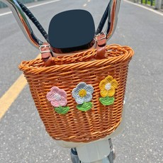 自行車車筐 小型電動車專用前置編織車筐 圓杆收納籃, 1個, 小花三朵【送皮軋帶22.3cm】