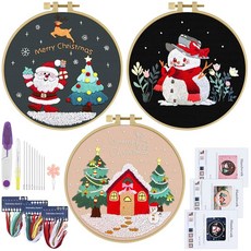 3세트 자수 키트 플라워 크로스 세트 포함 천 후프 실 (루스터), 3pcs Christmas