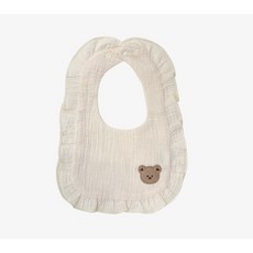 寶貝不無聊 花邊紗布圍兜 純棉嬰兒寶寶圍兜兜 可愛動物造型刺繡親膚材質口水巾, 1個, 米白熊