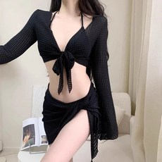 HA.M 여자 하이웨스트 섹시 비키니 스트랩 수영복 세트, 블랙