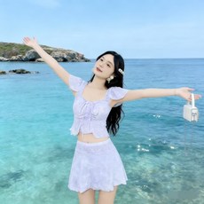 法式田園風分體泳衣女顯瘦遮肚短裙套裝 夏季海邊度假