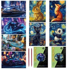 Georgie Porgy 스크래치 페이퍼 아트 세트 어린이 성인용 매직 레인보우 스크래치보드 DIY 예술 및 공예 키트 크리스마스 생일 선물 스크래치 도구 키트 포함 (A5-야, A5-야광운 귀여운 동물+레이싱 카