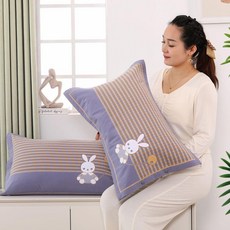 純棉紗布枕套 按扣透氣吸汗兒童學生枕芯套, 起球包退乖乖兔灰藍白,單條裝枕套內徑38*58cm
