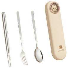 Lomsen 304不銹鋼便攜餐具套裝 學生旅行叉勺筷三件套 可愛餐具組, 奶油, 1套, 詳見包裝
