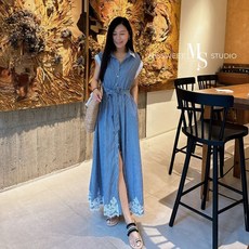 MISSWEET 條紋拼接雕花長洋裝 附綁帶腰身設計