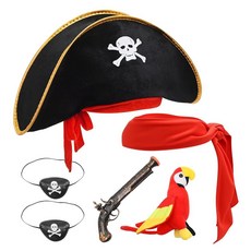 MDEOOSKY 6피스 해적 코스튬 세트 블랙 아이 패치 머리띠 해골 캡틴 모자 스탠딩 숄더 앵무새 해적 총 놀이 코스튬 파티 학교 놀이 코스프레용