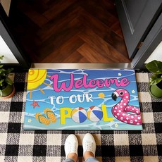 여름 수영장 테마 웰컴 도어매트 43.2 x 76.2cm(17 x 30인치) 플라밍고 및 워터 풍선 프린트 미끄럼 방지 흡수성 입구 러그 실내 실외 및 여름 장식용, Summer-a