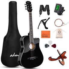 ADM 포크 기타 38인치 글로시 컷어웨이 스타터 세트 입문자용, 블랙, 1개