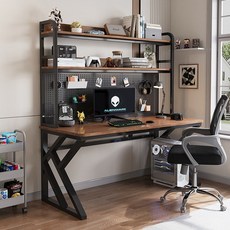 조립식 책장일체형책상 타공판 컴퓨터책상 탁상용 학생용 홈데스크, 블랙 프레임 다크 호두나무 원목.