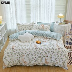 DFMEI 小清新A類純棉親膚牀品全面磨毛牀單被套罩宿舍 米菲兔【不起球-不掉色】, 1.8米牀四件套【被套1.8米x2.2米牀單2.3米x2.5