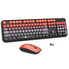 FOPET 무선 키보드 및 마우스 콤보 - 2.4G 풀사이즈 귀여운 컬러풀 키보드 104개의 원형 키가 있는 노트북 /Windows /PC용 레트로 타자기 그레이 그린, V2020 Black Orange, V2020 블랙 오렌지 그라데이션
