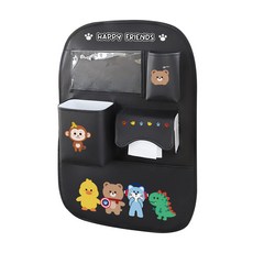JoyBaby 車用椅背置物袋 大容量收納袋(附有面紙槽 防水垃圾桶 可放手機), 黑色HAPPY FRIENDS-附立體防水桶, 1個