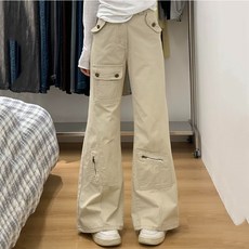 슬림소녀 여성 가을 디자인 감각 포켓 카고 나팔바지 청바지 하이웨스트 와이드 롱