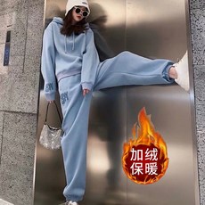 韓系顯瘦加絨加厚連帽運動套裝女兩件組，保暖刷毛衛衣長褲，治癒系冬季慵懶風