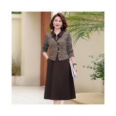 洋裝女裝連衣裙洋裝媽媽秋冬假兩件長裙小香風裙子媽媽裝連衣裙寬鬆休閒連身裙中年女裝優雅風修身套裝宴會禮服套裝, 咖色