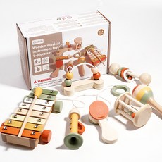 Treehole 木質樂器玩具 7件組 嬰幼兒益智早教蒙氏奧爾夫敲琴手搖鈴, 彩色樂器7件套