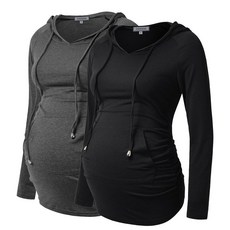 GINKANA 임산부 후디 긴소매 셔츠 캐주얼 임산부 상의 임산부 스웨트셔츠 캐주얼 의류 Gery With Black+Black XXL, 다크 그레이+블랙