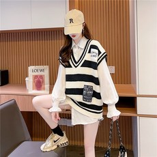 대학 스타일 v 여성용 칼라 조끼 일본식 줄무늬 조끼 여성 외출용 가을 흰색 작은 니트 재킷 조끼