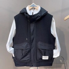 ROYALBELLE 남성 다포켓 후드 조끼 루즈핏 캐주얼 민소매 지퍼 아웃도어 베스트 V081161