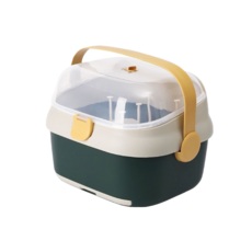 手提奶瓶收納箱 奶瓶收納櫃 奶瓶晾乾架 碗筷瀝水籃 新款PP外出便攜奶瓶箱 奶瓶置物箱 多功能, 綠白, 1套(10支架+收納筒)