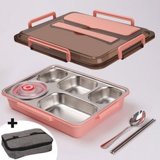 [SUS-304 스텐 식판 도시락통 세트] 밀폐 도시락 런치박스 스테인레스 5칸 다이어트 아이 소풍 용기, 1세트, 5칸도시락+국그릇+수저세트+보냉가방, 피치 레드