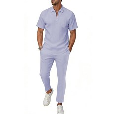 남성용 여름 해변 의상 투피스 캐주얼 쿼터 지퍼 반소매 세로 스트라이프 셔츠 및 루즈 팬츠 세트 라이트 블루 라지