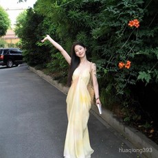 Yellwell여름 타이다이 롱 원피스 스트랩 비치웨어 드레스 여성용 휴양지룩LST