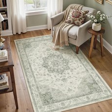 PureCozy 5.1x12.7cm(2x5인치) 러너 러그 베이지 세탁 가능한 복도 주방 침실 빈티지 디스트레스드 욕실 미끄럼 방지 메달리온 꽃무늬 카펫 실내 레트로 바닥 매트, 3 x 5피트, 초록색