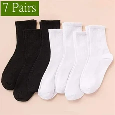 쿠쿠스토어 중간 길이 양말 여성 클래식 블랙 화이트 솔리드 컬러 유행 캐주얼 스포츠 흡수 통기성 1/7/10/, 06 7 Pair-3