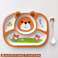 【臺灣-出貨】山水瑤安勒熊竹縴維兒童餐具幼兒園輔食卡通分格卡通餐具創意, 安勒斯熊造型4格盤+同款勺, 1個