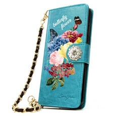 蝴蝶與花蝴蝶花鑽石首飾手鍊錢包型手機殼
