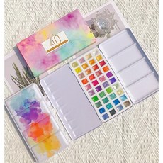 暮光星砂 塊狀水彩顏料組合 美甲專用珠光金屬固態水彩, 1個, 精裝版40色{贈收納鐵盒}