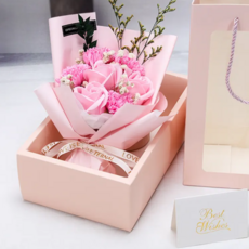 대형 장미 카네이션 축하 꽃다발+포장박스+쇼핑백+led+메세지카드 포함, 핑크