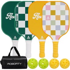 픽클볼 라켓 4개 세트 - USAPA 라이트 그래파이트 프리미엄 섬유 표면 및 폴리머 허니컴 코어 실내외 공 포함 휴대용 가방, 양면 체크무늬 디자인