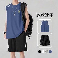 臺灣新款NEW速乾透氣跑步運動套裝男夏季冰絲無袖坎肩背心短褲新款休閒兩件套