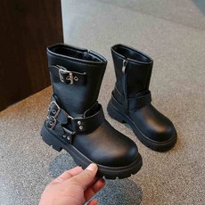 AC5554 여아 키즈 아동 봄 가을 미디 통굽 버클 지퍼 가죽 워커 앵글 부츠 신발