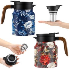 LemonRoad 빈티지 꽃무늬 패턴 찻주전자 2개 인퓨저가 있는 빈티지 찻주전자 뚜껑이 있는 꽃무늬 패턴 찻주전자 뜨거운 음료 커피용 나무 손잡이 보온 카라페, 레드, 블루