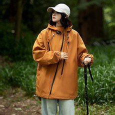 連帽防水防風情侶款外套 - 戶外春秋季薄款運動夾克 寬鬆長版運動夾克, XL码 建议体重（70-80公斤）, 土黃