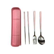 304不鏽鋼餐具組 環保隨身餐具 筷子湯匙叉子套裝 便攜盒裝餐具 衛生安全, 櫻花粉 / 小麥粉餐盒, 1個