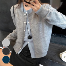 핏몬 여성 라운드넥 일체형 레이어드 배색 밑단 긴팔 가디건