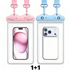 [2개입] 대용량 스마트폰방수팩 이중잠금 완전투명 터치가능 휴대폰방수팩 방수케이스 수영장 워터파크 물놀이, 1개, 핑크+파란색