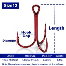 피쉬트립 레드 트레블 훅 라운드 바브드 고강 트리플 배스 송어 바닷물용, 2. Size 12