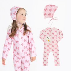 베이비솔 실키리본 여아 수영복 올인원 래쉬가드 세트 모자 포함 핑크 리본 긴팔 유아 자외선차단