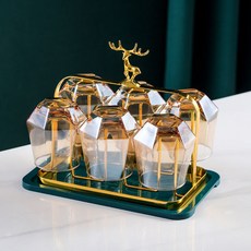 杯架水杯瀝水架輕奢倒掛6個裝套裝帶杯子架子收納置物架托盤家用 RNBG, 【矮款】鹿金架+琥珀杯6+字母綠盤, 1個