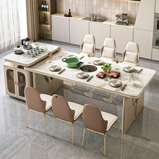 輕奢巖闆島臺餐桌一體小戶型多功能移動島臺可伸縮中島臺帶電磁爐中島臺巖闆茶桌一件式現代簡約房多功能茶餐桌伸縮 餐檯 長餐桌, 1.6米中島台餐桌（帶電磁爐）*8椅, 1個