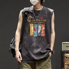 純棉無袖T恤 男潮牌寬鬆坎肩 運動健身籃球背心上衣 卡通印花