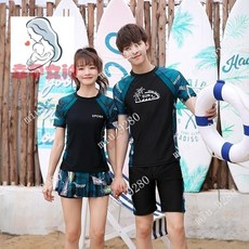 情侶款泳衣女分體裙式短袖平口褲男士大尺碼泳裝五分褲套溫泉情侶分體泳裝, 白底四針六線男款,XL