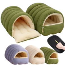 프라홈 반려동물 골덴 침낭 동굴 하우스 쿠션 숨숨집 털제거장갑, 1개, 베이지