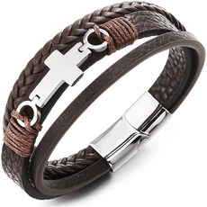 쿨스틸랜드 비욘드 남성 스틸 수평 사이드웨이 측면 플랫 크로스 멀티 스트랜드 가죽 뱅글 브레이슬릿