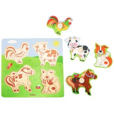 어린이 농장동물 캐릭터 꼭지퍼즐 원목판퍼즐, 4피스, 1개